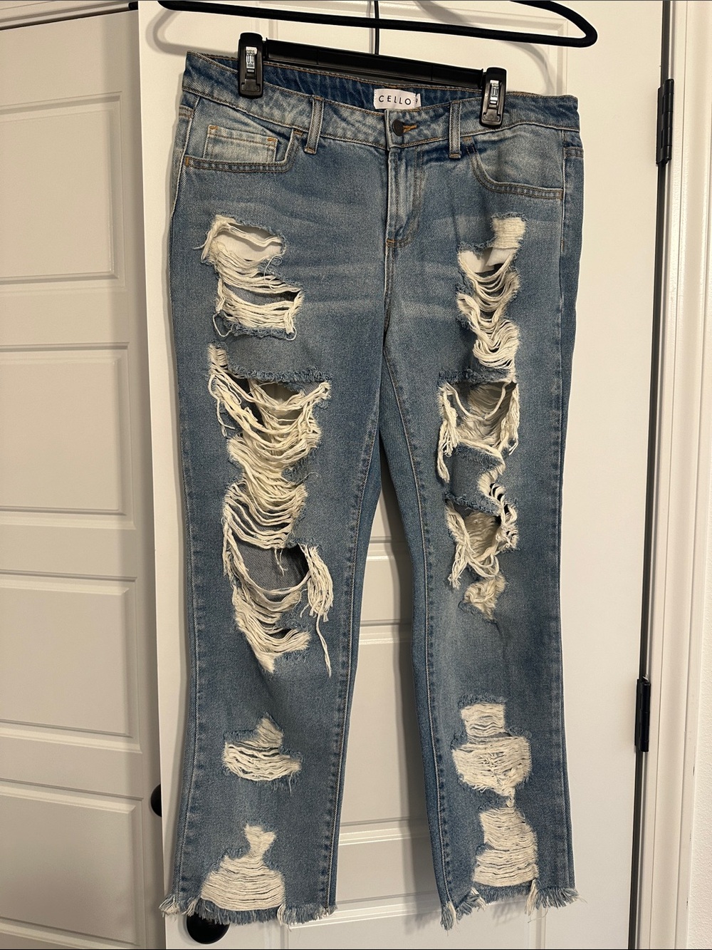 Cello Women's Cropped Blue Denim Jeans with Tan Stitching